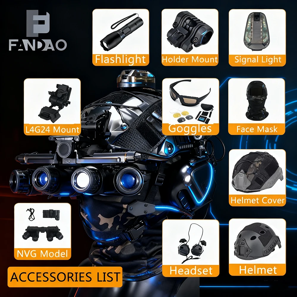 

Tactical Airsoft Helmet Set with Headphones Goggles Helmet Cover NVG Model L4G24 Mount Signal Light Flashlight for CS Shooting
