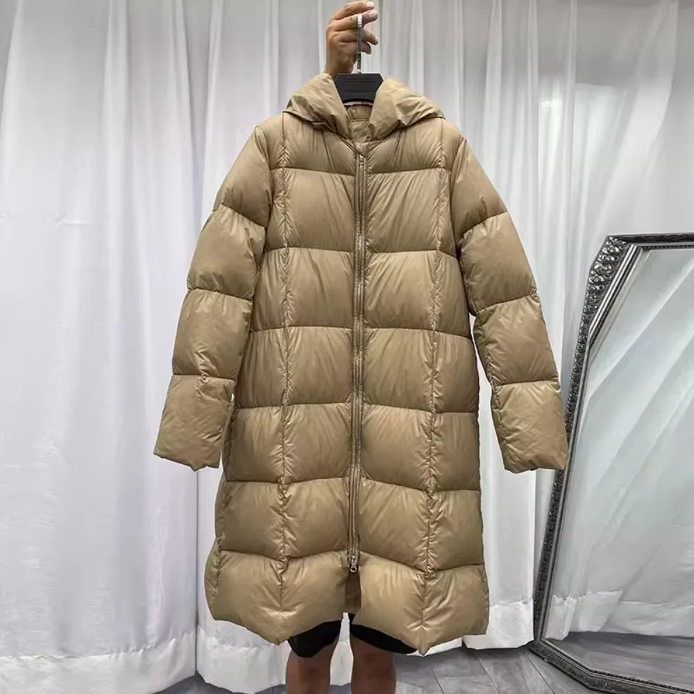 Vintage Women Hooded 90% White Duck Down Jacket 2024 Winter Solid Color Double Zipper Down Coat Loose Casual Thicken Down Jacket