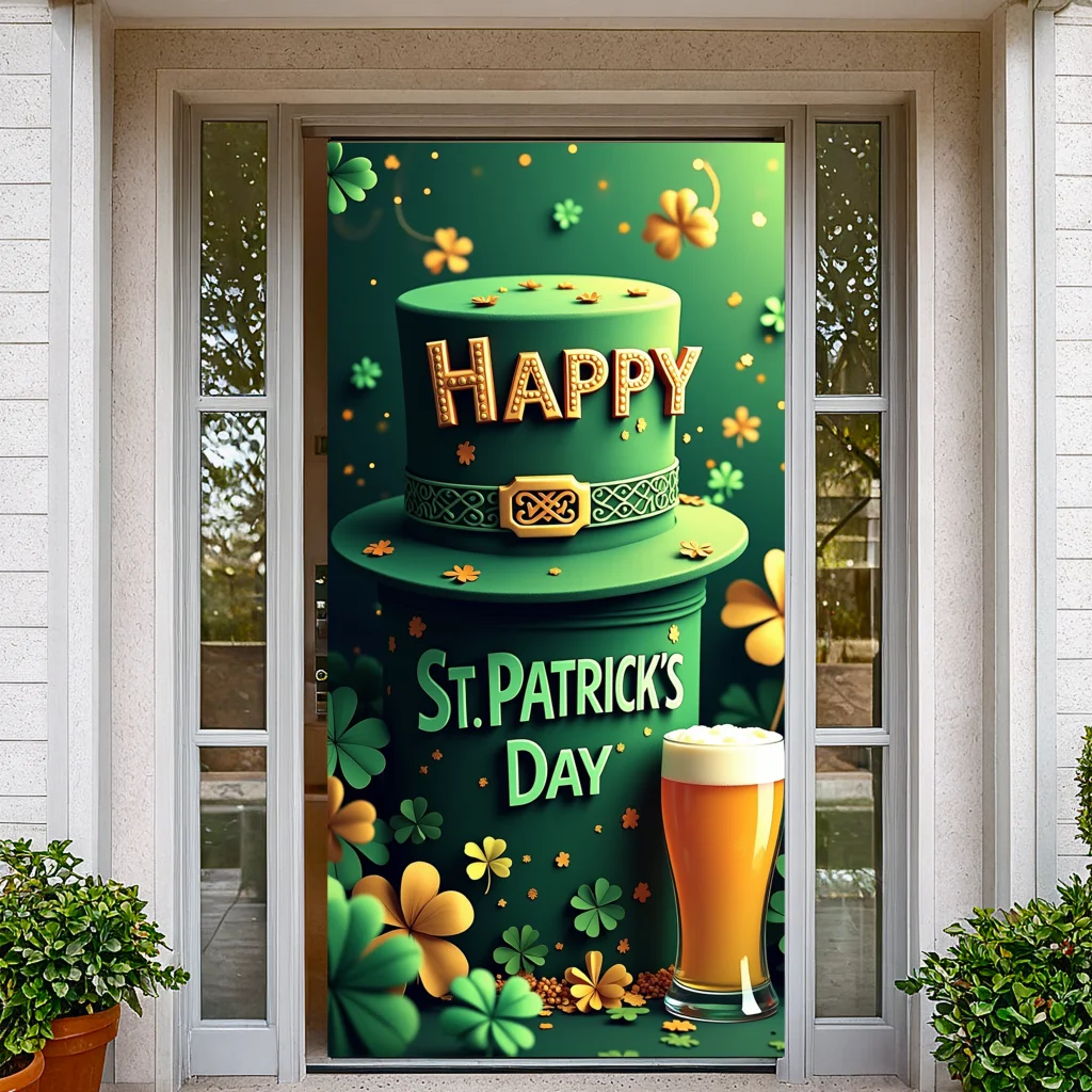 Banner de celebración del Día de San Patricio, sombrero verde, trébol, cerveza, fondo gráfico, suministro de fiesta, accesorios de fotografía, decoración de fondo para eventos