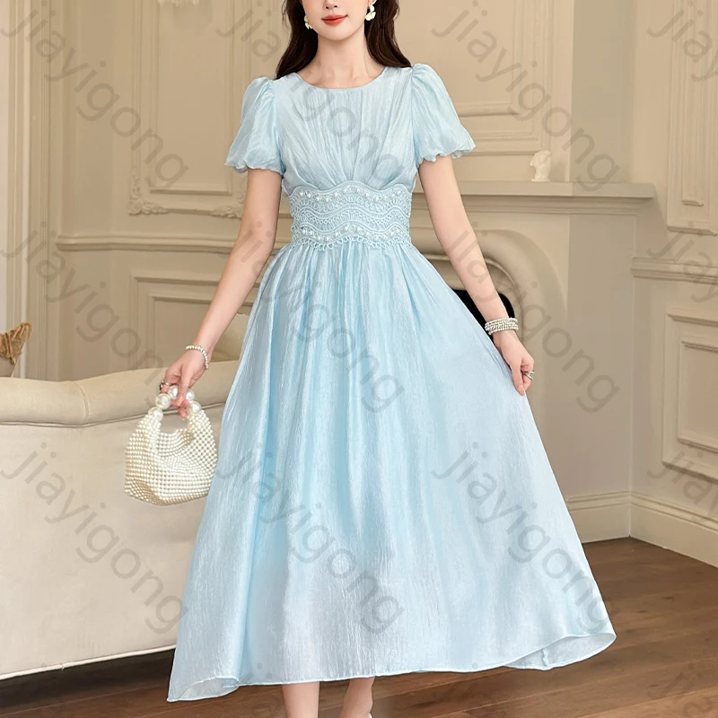 

Elegant Blue Puff Short Sleeves Evening Dresses Sexy A-Line Celebrity Dress Exquisite High Quality Prom Party Gowns Customized