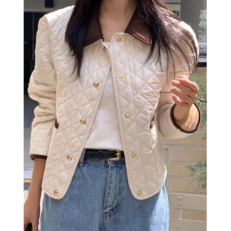 Korean Chic Retro Lapel Autumn Winter Button Parkas Contrast Color All-match Rhombus Long Sleeve Cotton-padded Jacket Short Coat