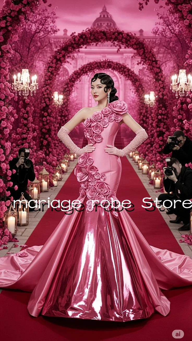 

Shiny PU Pink Mermaid Long Prom Gala Dresses One Shoulder 3D Floral TatosCouture Flamenco Runway Evening Gown Customsized
