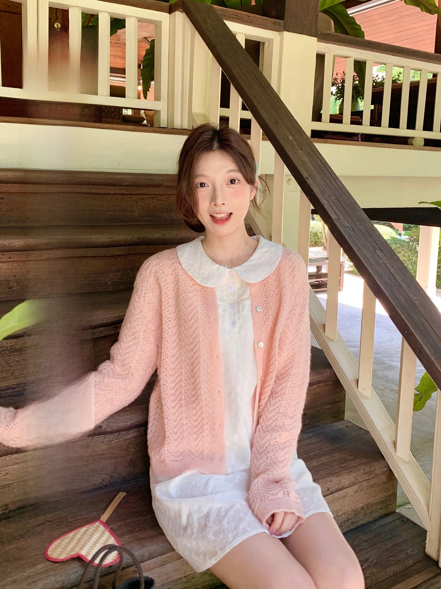 

Розовый вязаный кардиган-пальто женский с круглым вырезом и волнообразным узором, весна 2026, новинка, нежный стиль, повседневный, свободный крой, с длинными рукавами