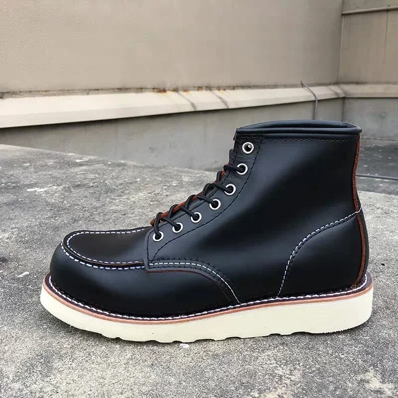 Durable Goodyear-Welted Motorcycle Rugged Heritage Boots Vintage Oil Genuine Leather Punk For Men Cowhide Mid-Cut Shoes
