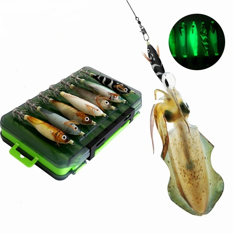 14pcs 9g Float Horizontal Luminous Squid Jig Wood Shrimp Squid Hook Artificial Bait Octopus Cuttlefish Shrimp Sea Fishing Tackle