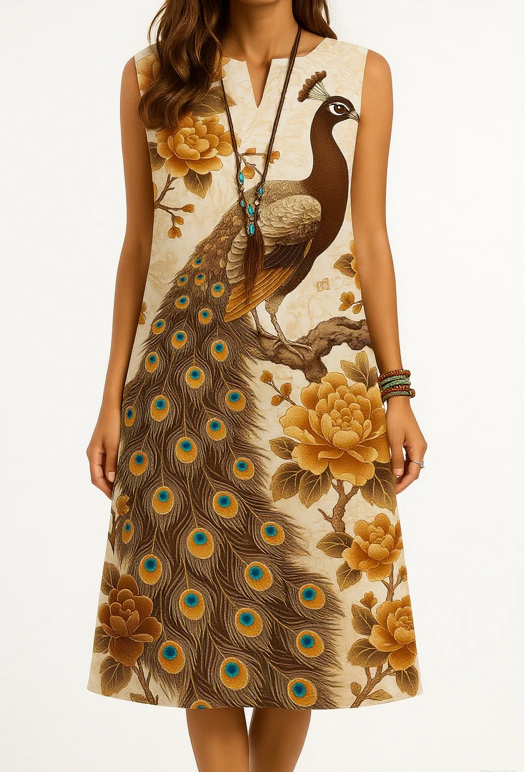 Kurt modisches und elegantes Damenkleid mit langen Ärmeln und geradem Schlauch, lässigem V-Ausschnitt und Pfauenmuster.
