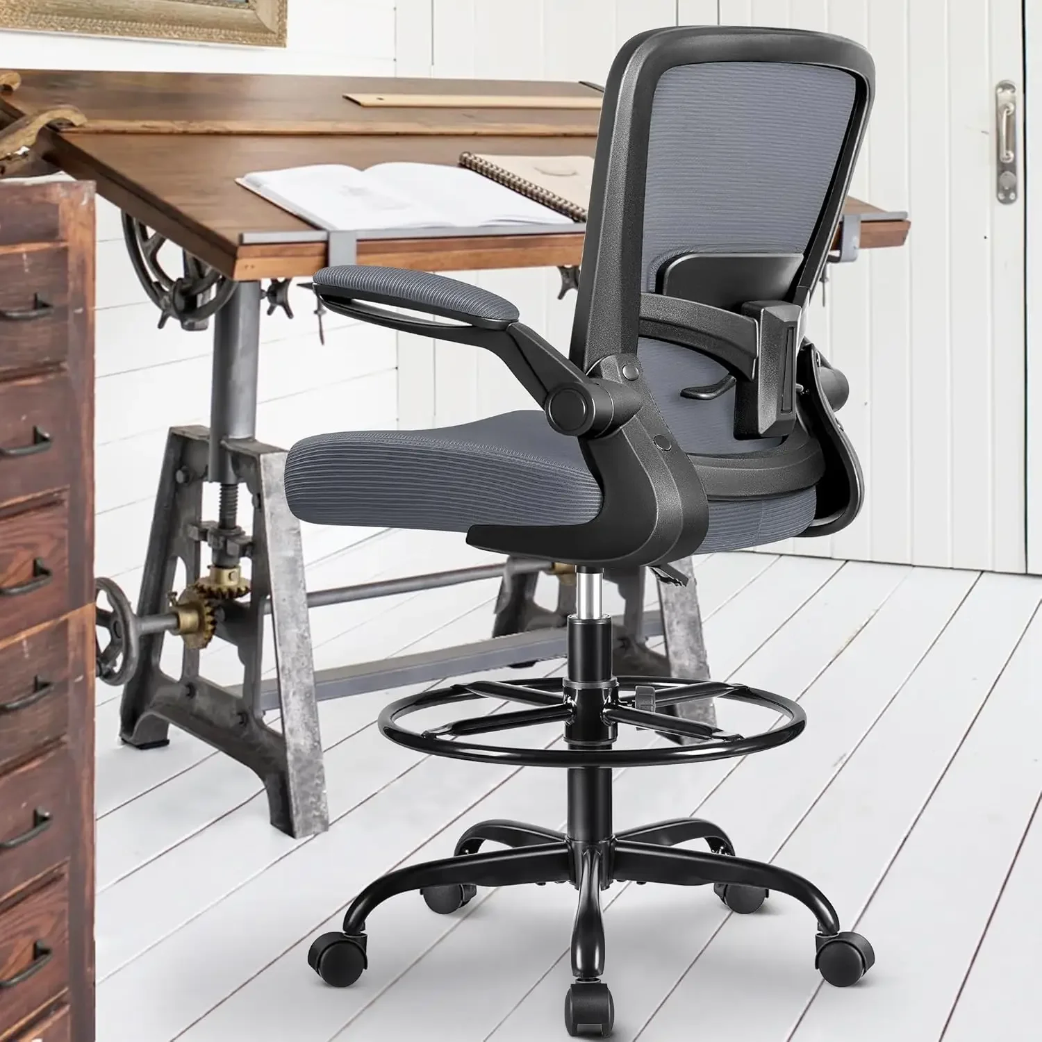 Drafting Chair Ergonomic Tall Office Chair, Breathable Mesh Chair with Adjustable Footrest Ring Lumbar Support Flip-up