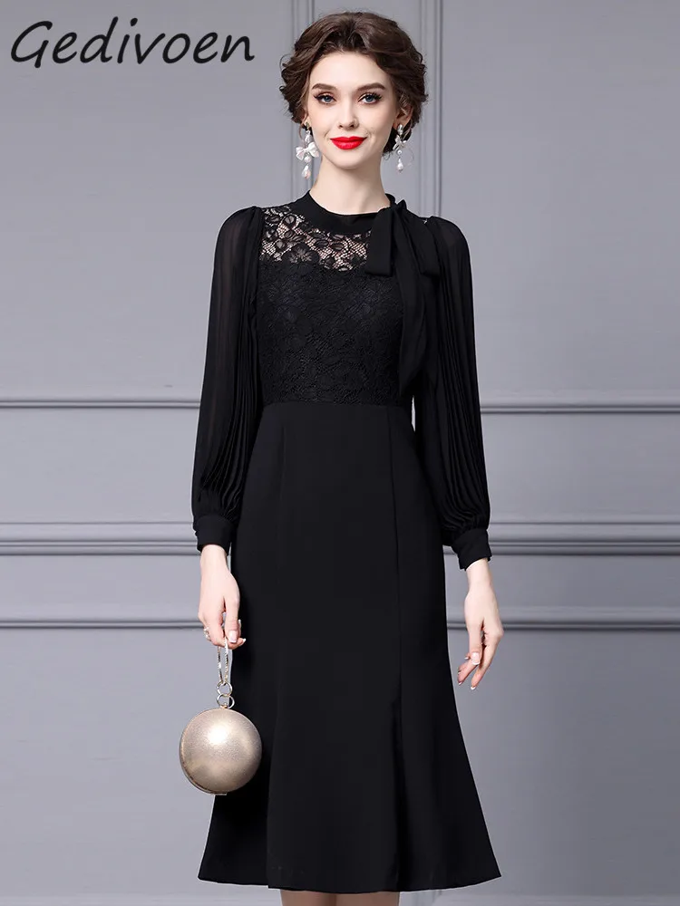 

Gedivoen Autumn Fashion Runway Black Vintage Spliced Dress Women Pleated Lantern Sleeve Frenulum Lace High Waist Slim Long Dress