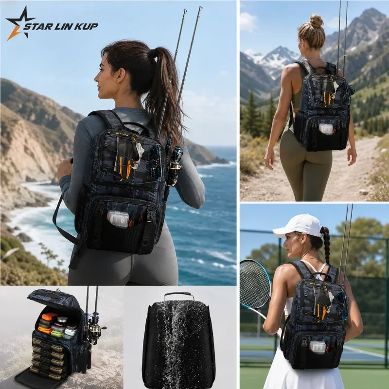 STAR LIN KUP 45L Fishing Backpack Cooler Bag with Rod Holders Rain Cover Tackle Storage for Camping Hiking Outdoor