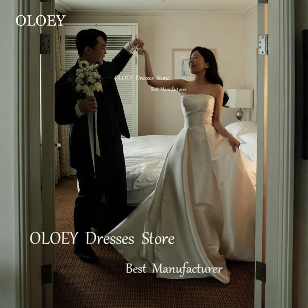 OLOEY Simple A Line Wedding Dresses Korea Women Strapless Shiny Imported Satin Bridal Gowns Bride Mariage CUSTOM Made 2023