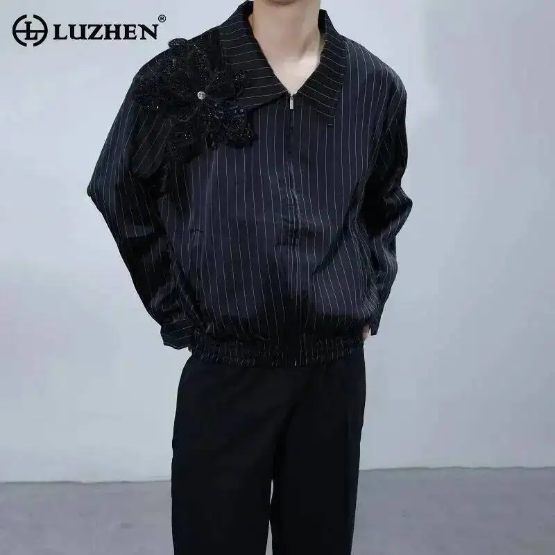 LUZHEN Men's Floral Three-dimensional Patchwork Design Stripe Shirts Coat 2025 Autumn Original Elegant Long Sleeve Tops JY7390