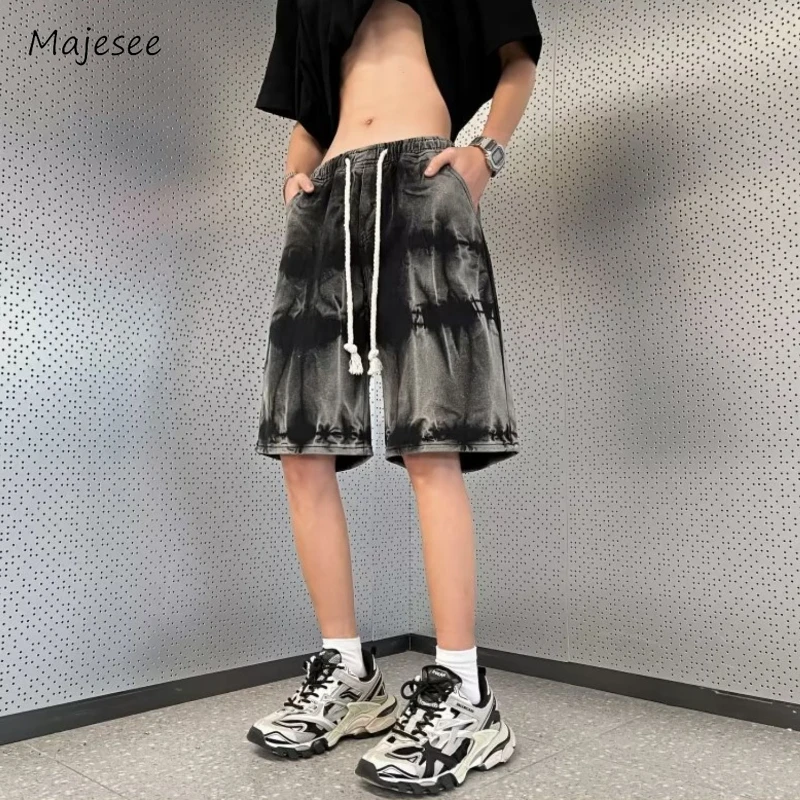 Denim Shorts Fashion High Street Temperament Summer Tie Dye Panelled Knee-length Korean Style Teenagers All-match Minimalist