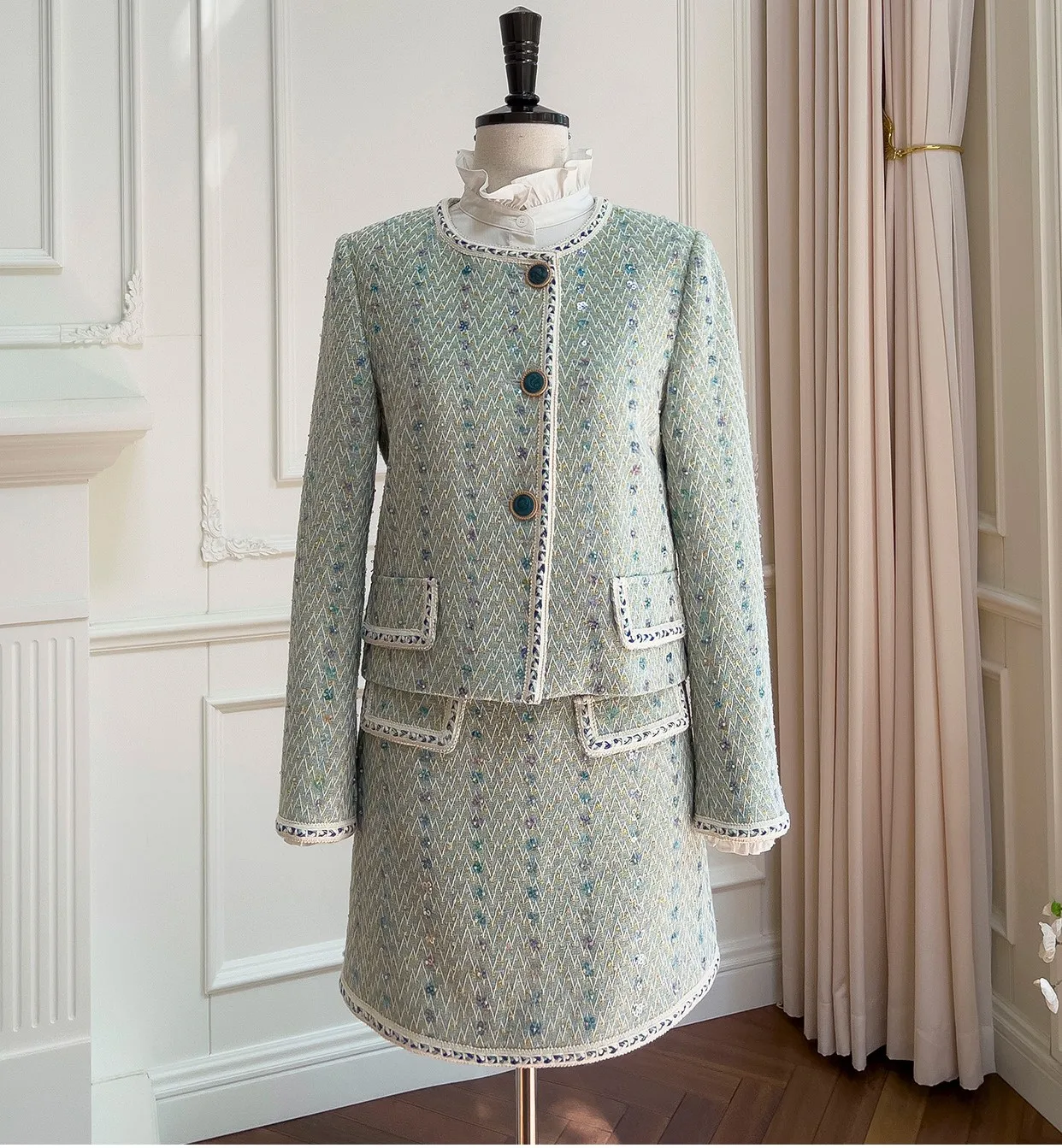 2023 Spring Autumn Fashion Women's High Quality Sequins Tweed Coat + A-line Skirts C838