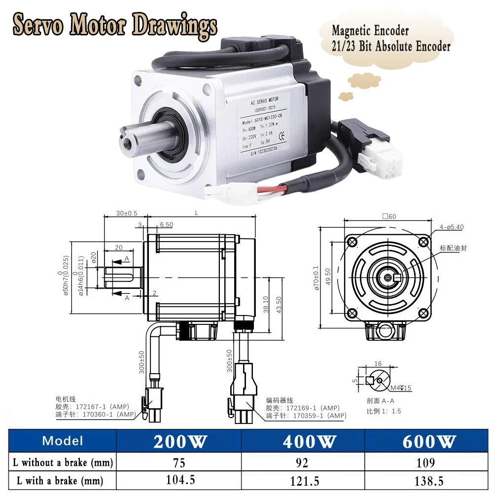 Servo Motor Brake Driver Kit 400W/750W/1KW 21/23 Bit Single/Multi Absolute Encoder 0.64Nm~3.2Nm 60/80 Flange AC Servo EtherCAT