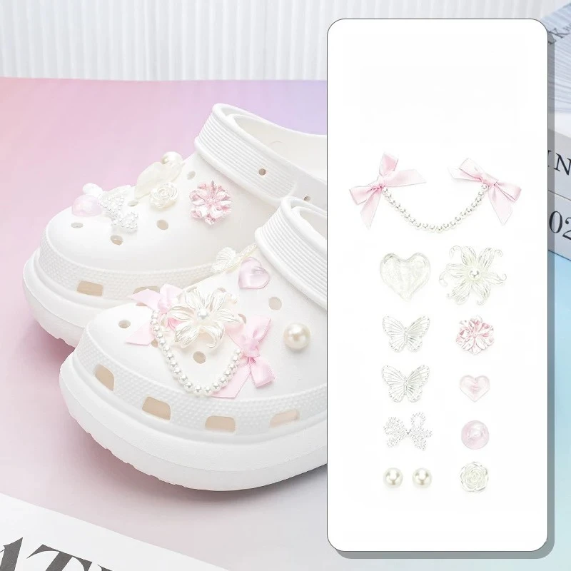 Bow Pearl Chain Charms for Hole Ballet Clogs & Sandals Iris Flower Heart Shoe Buckles DIY Decoration Accessories for Women Girls