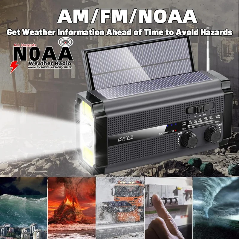 راديو الطقس في حالات الطوارئ كرنك اليد راديو بالطاقة الشمسية محمول AM/FM/NOAA مع 5 أوضاع شحن شاحن الهاتف الخليوي