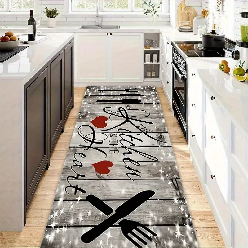Rustic Grey Wood Plank Kitchen Runner Rug The Kitchen Is The Heart Lettering Red  Fork Knife Print Long Narrow Hallway  Rug
