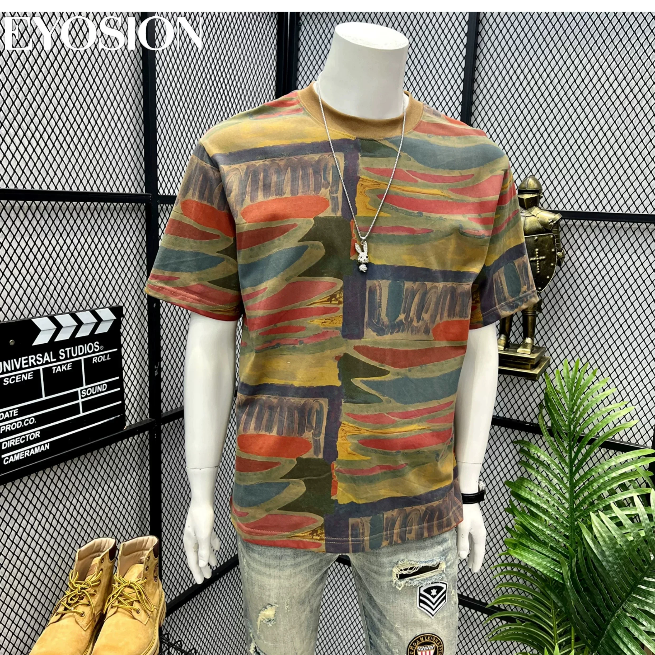 Summer Men's T-shirt Fashion Graffiti Abstract Irregular Color Printed High Quality Cotton Round Neck Outdoor Retro Tee Tops