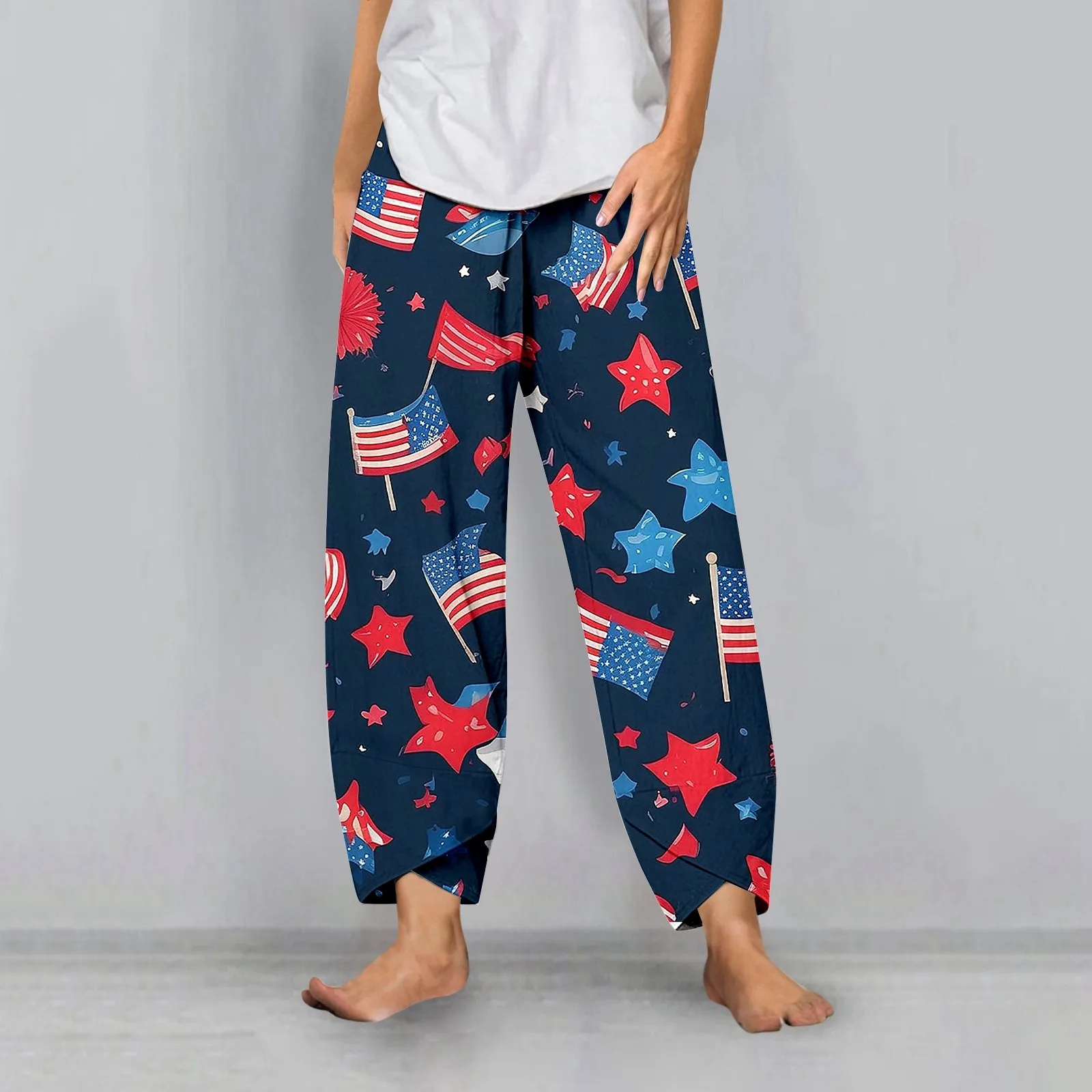 Funny Independence Day Graphic Pants For Women Print Flag Board Pant Casual High Waist Comfy Harem Pants for Independence Day