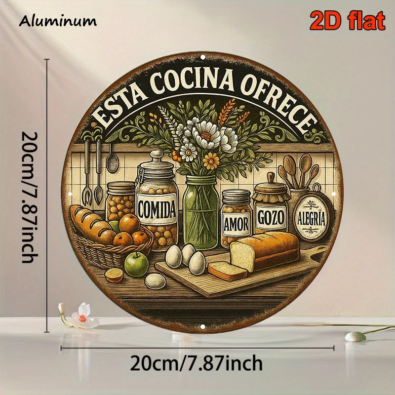 A Vintage Decorative Sign in Spanish Style, an 8x8-inch Round Aluminum Plaque with 