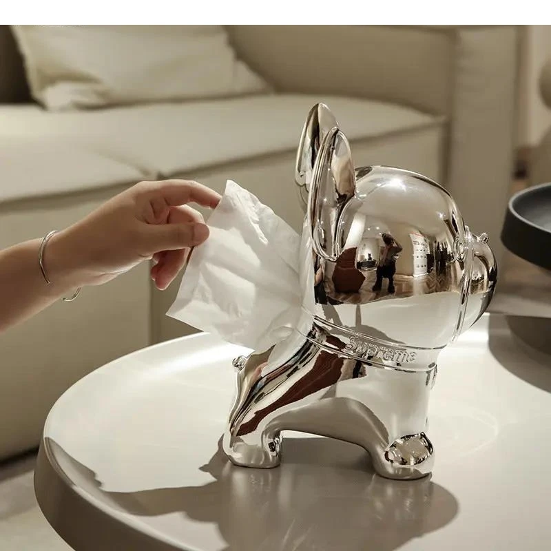 Luxurious Silver Plating Dog Fighting Ornaments Resin Handicraft Living Room Desktop Tissue Box Home Decoration Art