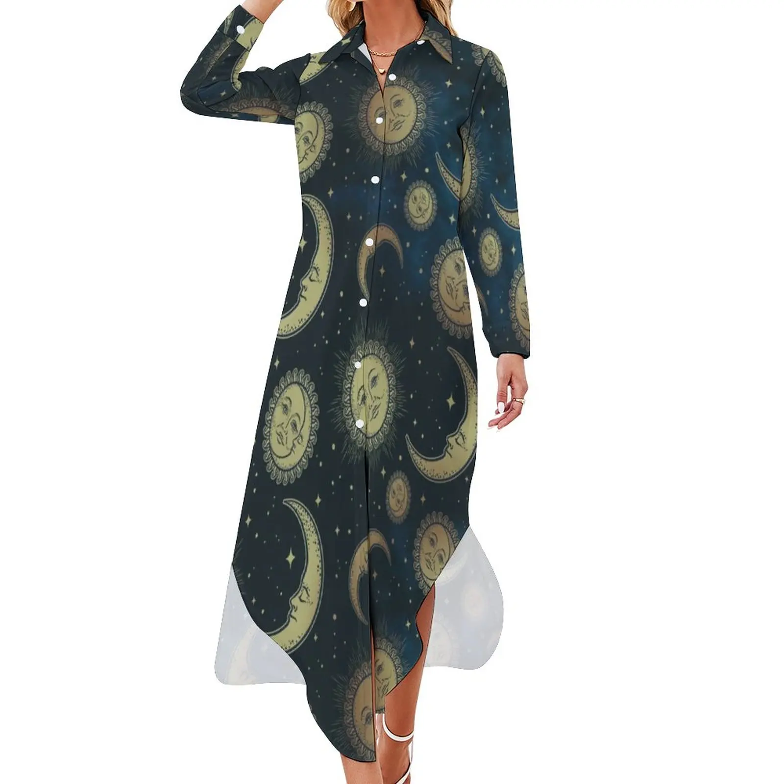 Symbol Vintage Celestial Night Casual Dress Sun Moon And Stars Dresses Summer Sexy V Neck Long Sleeve Pretty Chiffon Dress