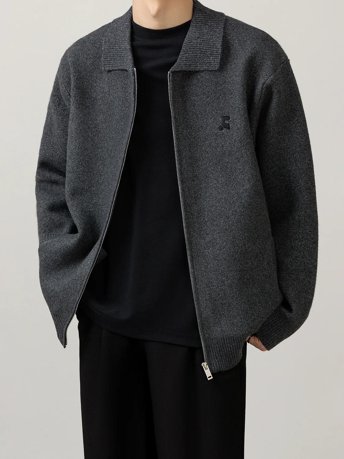 Men's Knitted Embroidered Open Cardigan Casual Loose Fit Collar Sweatshirt Jacket Korean Style Polyester Nylon Blend Long Sleeve