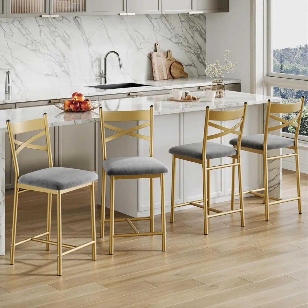 

Bar Stools Set of 4, Upholstered Bar Chairs with Back, Thick Cushion, Counter Height Barstools for Kitchen Island Apartment Cou