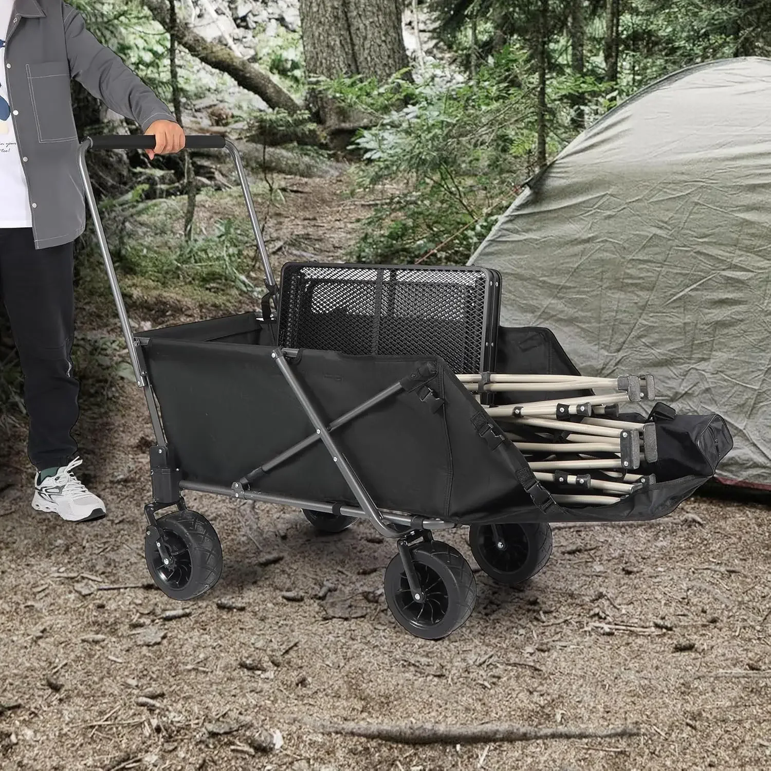 Folding Dog Wagon Cart with Extendable Rear End Heavy Duty, 220L Large Collapsible Utility Cart Dog Stroller with Tailgate