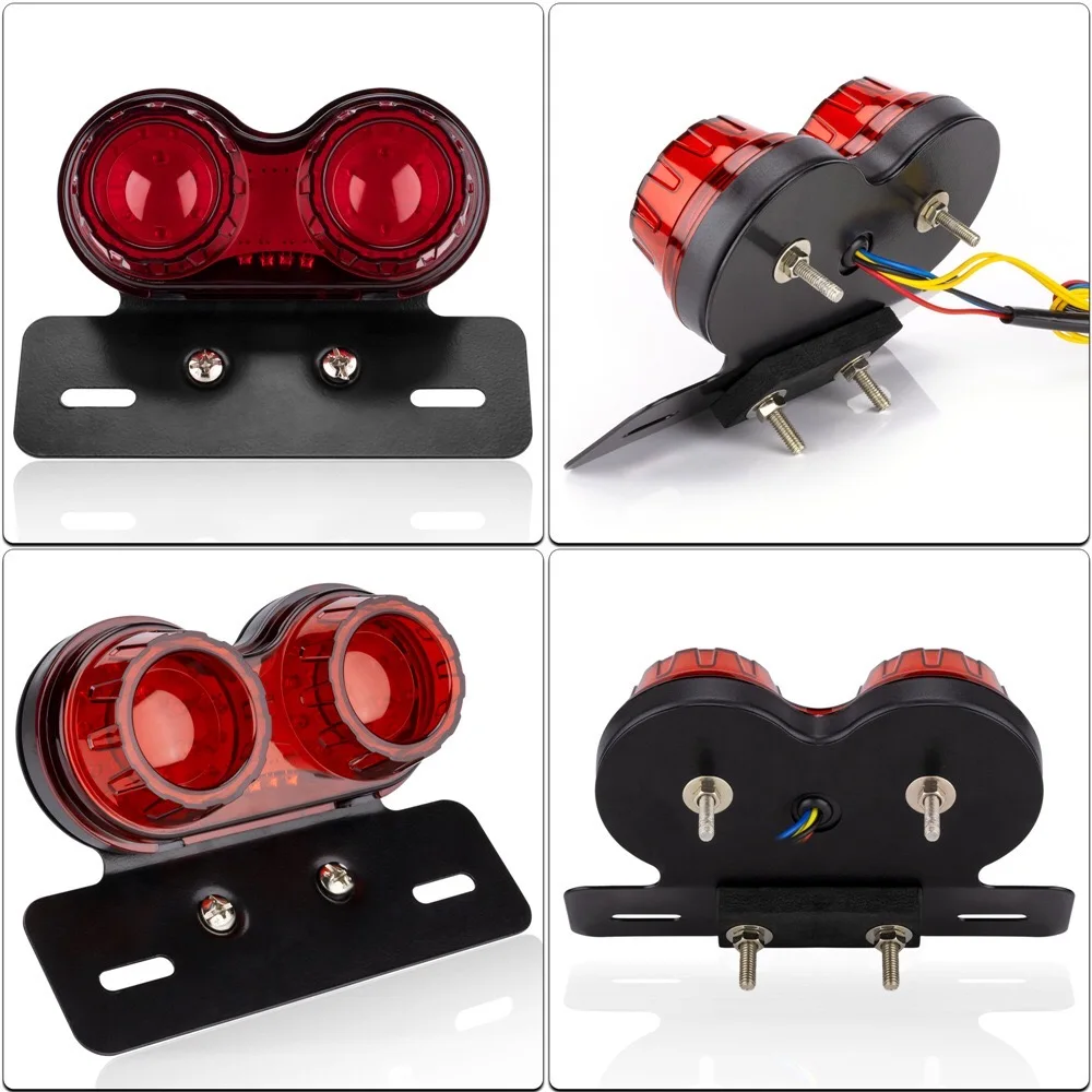 Retro Motorcycle Modified RED Double Eyes Double Round LED License Plate Tail Light Brake Turn Signal light With Bracket Holder