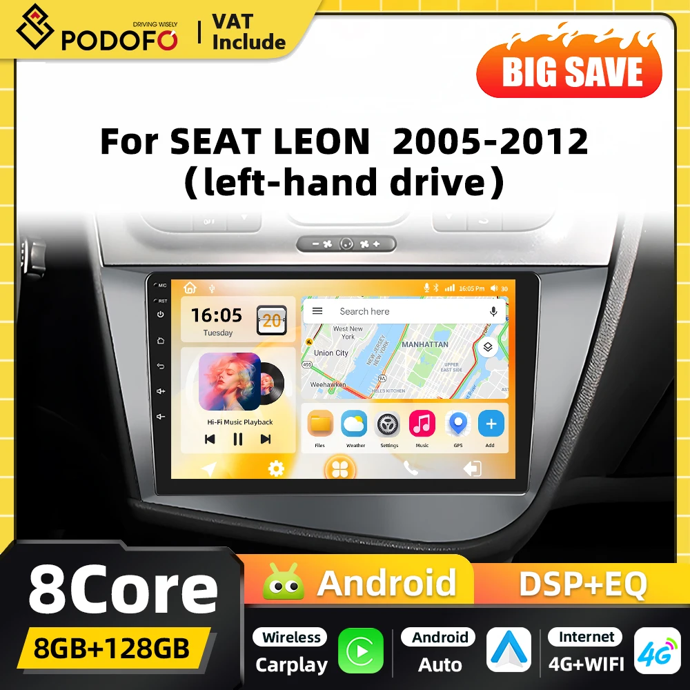 Podofo 8-Kern 2-DIN Android Autoradio für SEAT LEON 2005 2006-2012 GPS-Navigation Carplay Android Auto WIFI DSP FM RDS Bluetooth