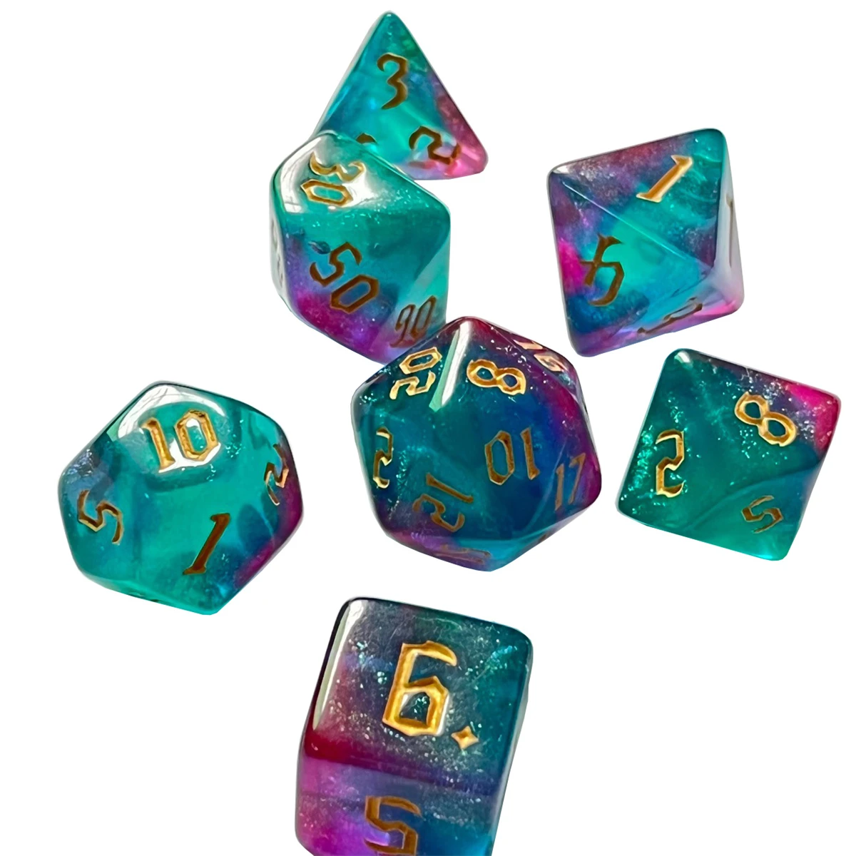 

7-Pc Dual-Color Chameleon Dice Set for D&D RPG, Polyhedral Tabletop Gaming Accessories with New Font Design