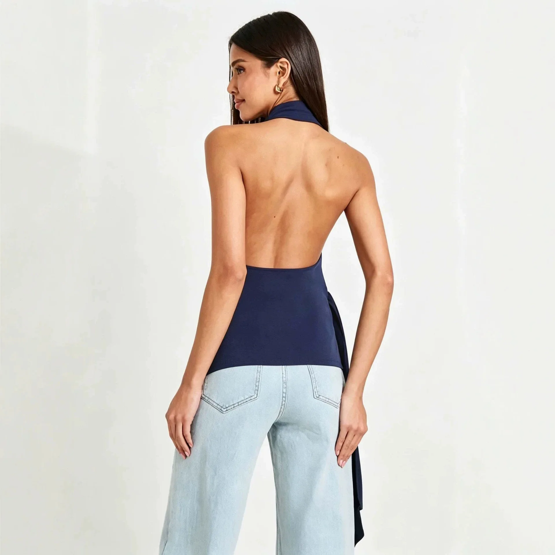 Women Summer Backless Halter Top Sleeveless Side Tie Ruched Waist Slim Fit Tank Top