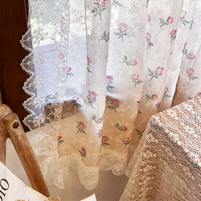 French Dream Curtain Lace Rose Lace Half Curtain Retro Window Jacquard Elegant Living Room Kitchen Door Gauze Curtain Home Decor