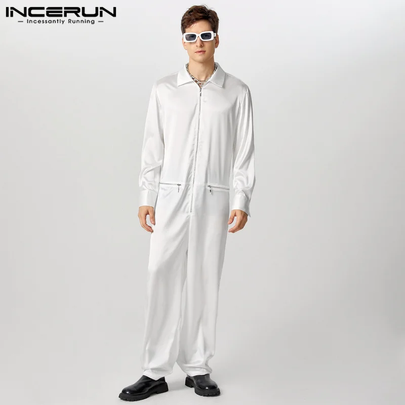 INCERUN Men Handsome Solid Color Zipper Jumpsuits Deconstruction Reflective Simple Pants 2024 Casual Loose Harajuku Trousers