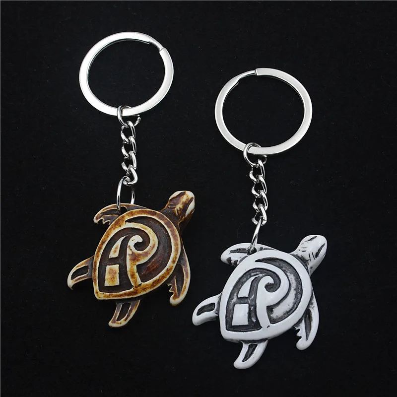 RUEMOY Resin Imitation Bone Sea Turtle Keychain Maori Spiral Totem Key Ring Tribal Bag Pendant Gift