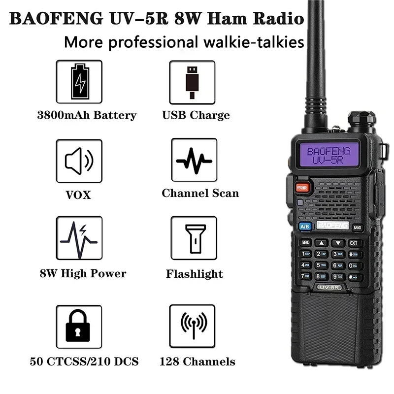 BAOFENG UV-5R 8 Вт, 2 шт., двухдиапазонная двусторонняя радиостанция дальнего действия с аккумулятором 3800 мАч, удобный FM-трансивер, радиолюбитель, рация