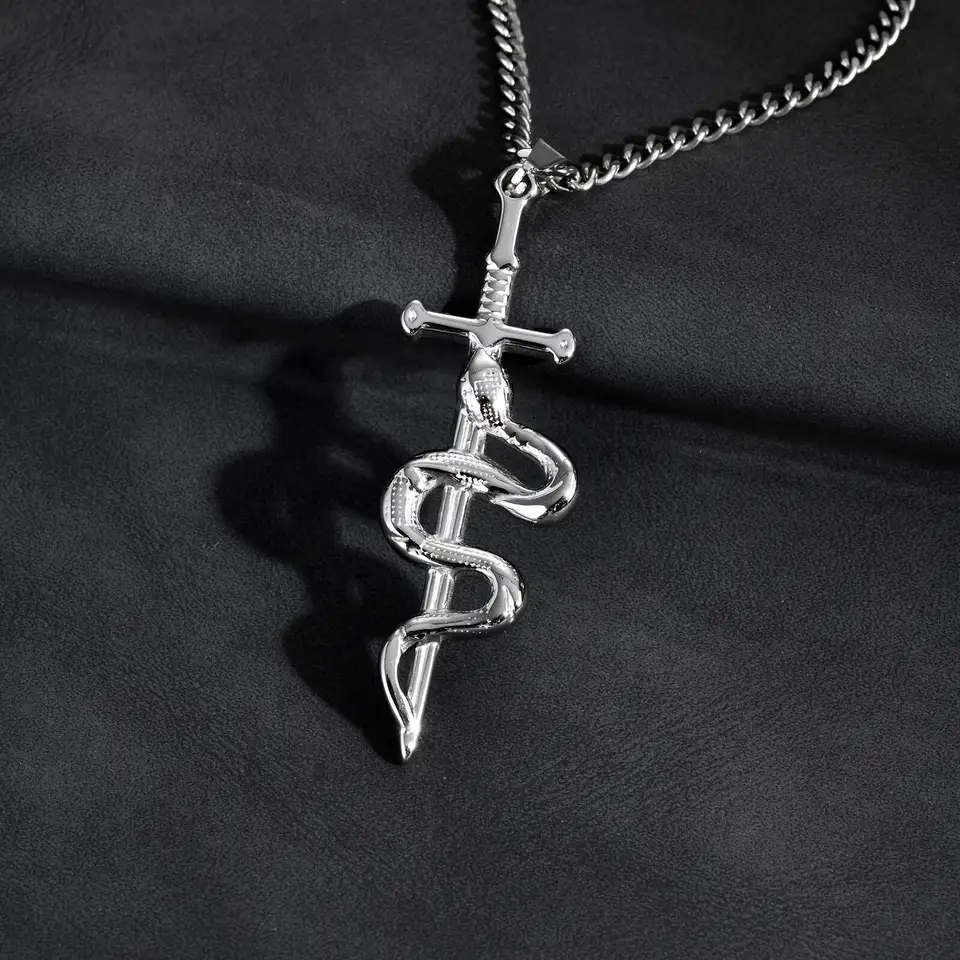 Vnox Stainless Steel Punk Cross Snake Pendant Necklace for Men