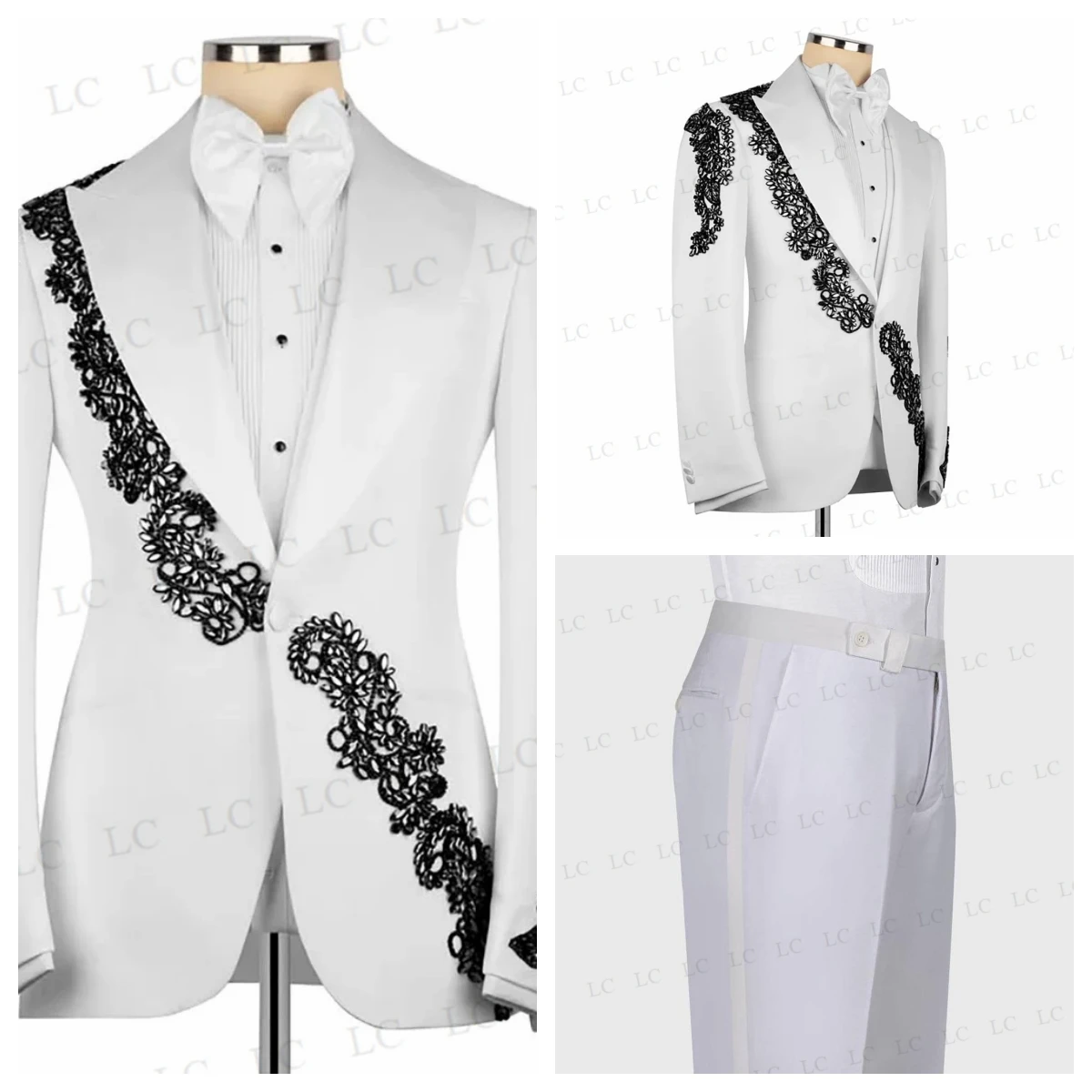 

White 2 Pieces Men Suits One Button Diamonds Appliques Satin LapelPeaked Lapel Tuxedo Slim Wedding Groom Prom Plus Size Customed