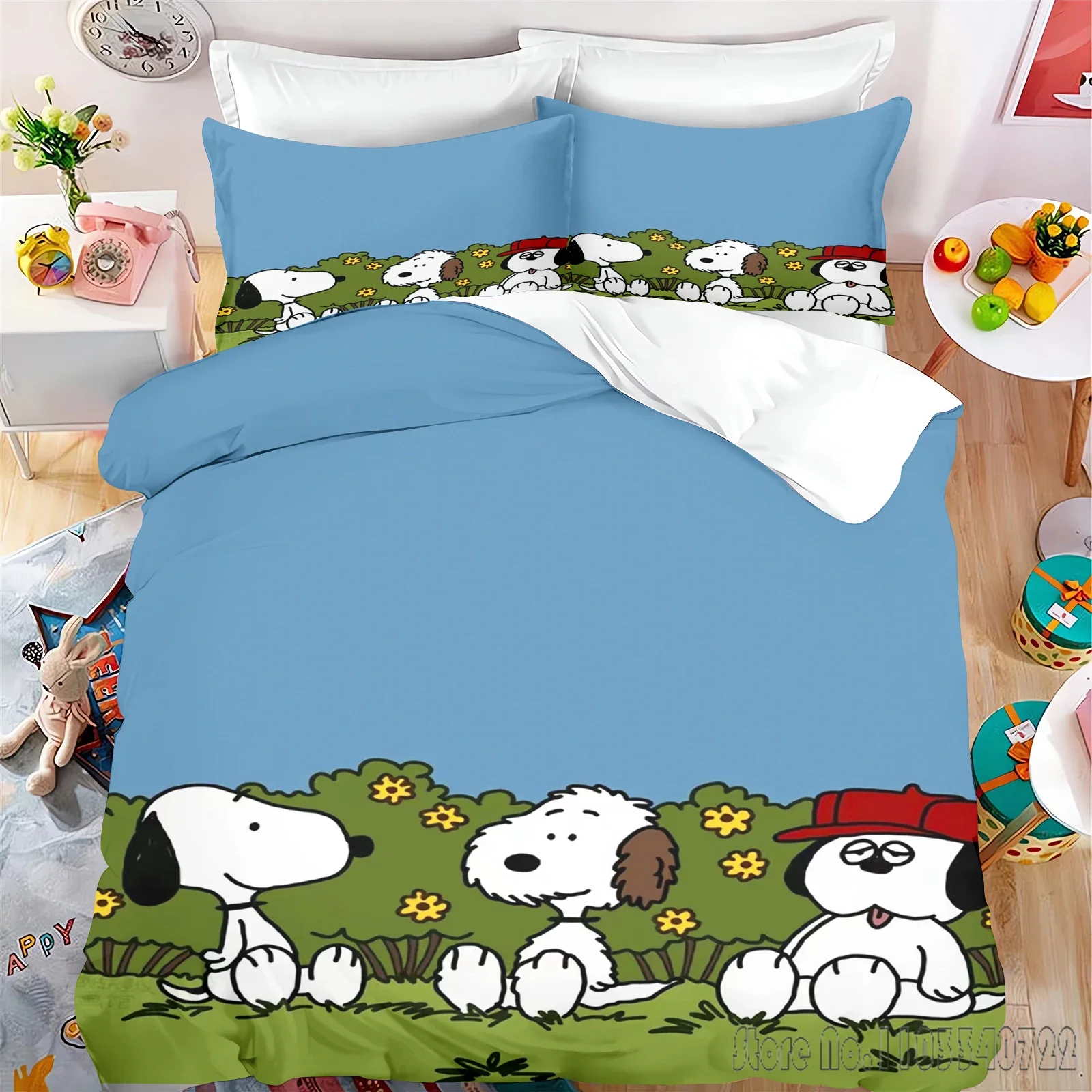 Snoopy 3 ชิ้น Love เด็กชุดผ้านวม HD ผ้าคลุมเตียงผ้าปูสําหรับชุดเครื่องนอนเด็กตกแต่งห้องนอน