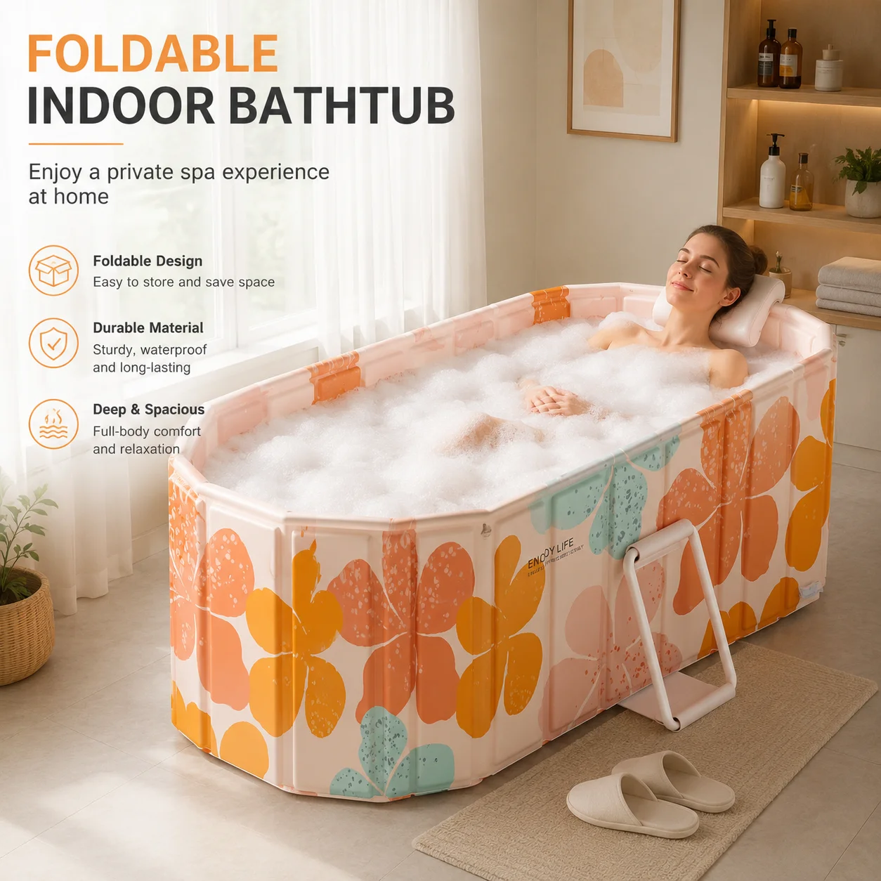 150cm Foldable Bathtub for Adults, Portable Large Soaking Tub with Support Frame for Indoor Home Spa and Ice Bath