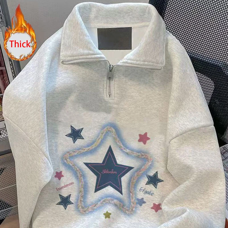 American Casual Thick Pullovers Women Winter Cute Star Long Sleeve Loose Jumpers Kawaii Turn Down Collar Female Sweet Tops New