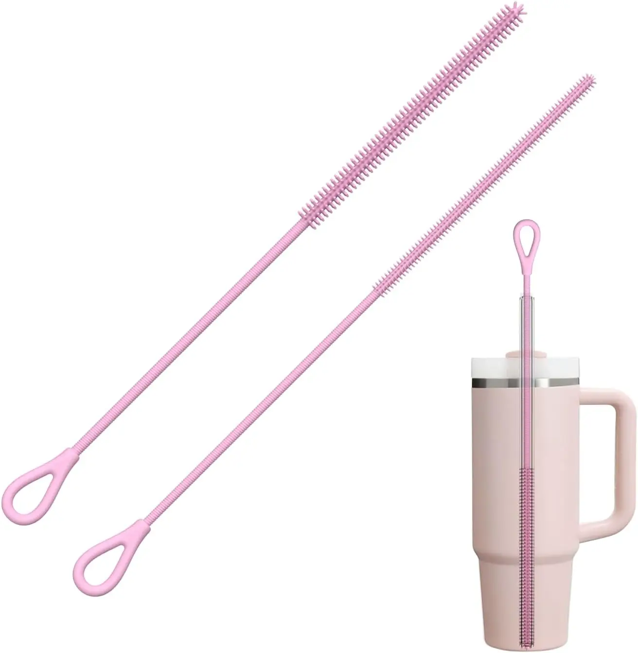 

Reusable Silicone Straw Cleaner Brush Set, 2Pcs Extra Long with Non-Slip Handle for Glass and Metal Straws, Pink