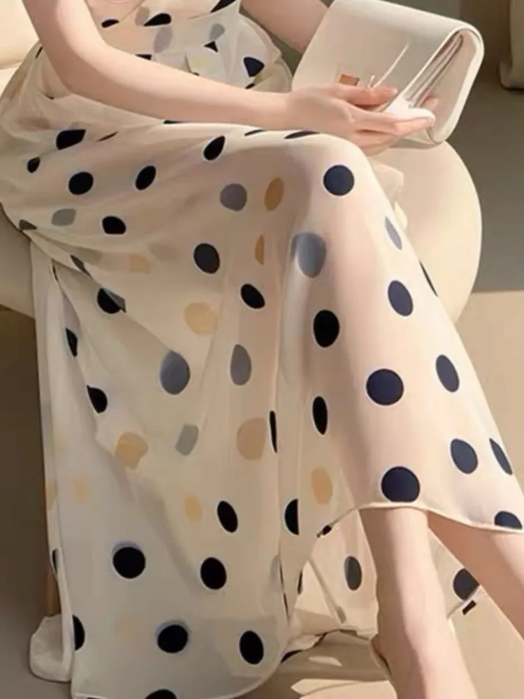 Fashion New Women Vintage Polka Dot Midi Dress Sleeveless Casual A-Line Party Prom Chic Vestidos Female Elegant Long Robe Mujers