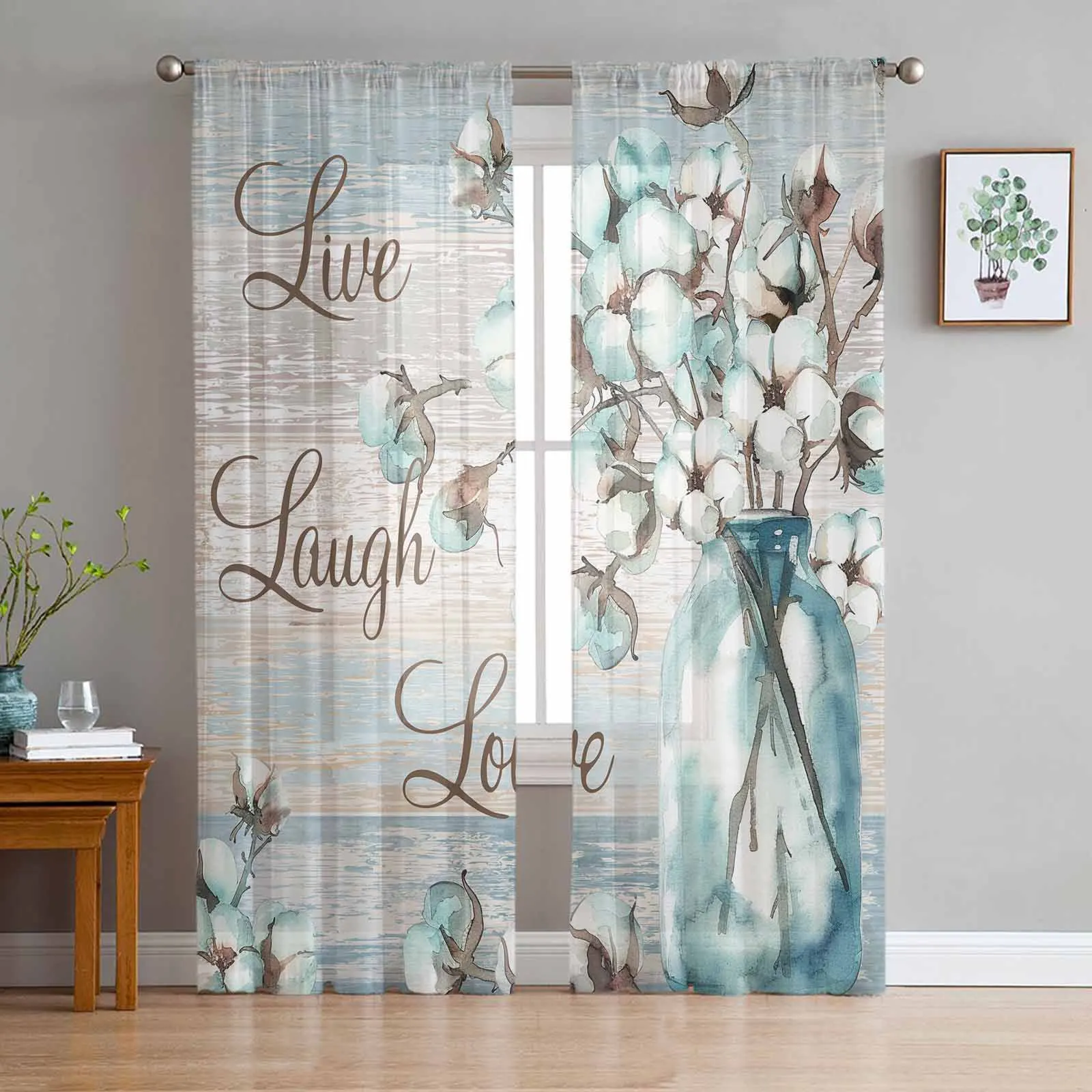 Cotton Vases Flowers Retro Rural Blue Wood Grain Sheer Curtain Living Room Drapes Home Voile Curtain Tulle Window Curtain