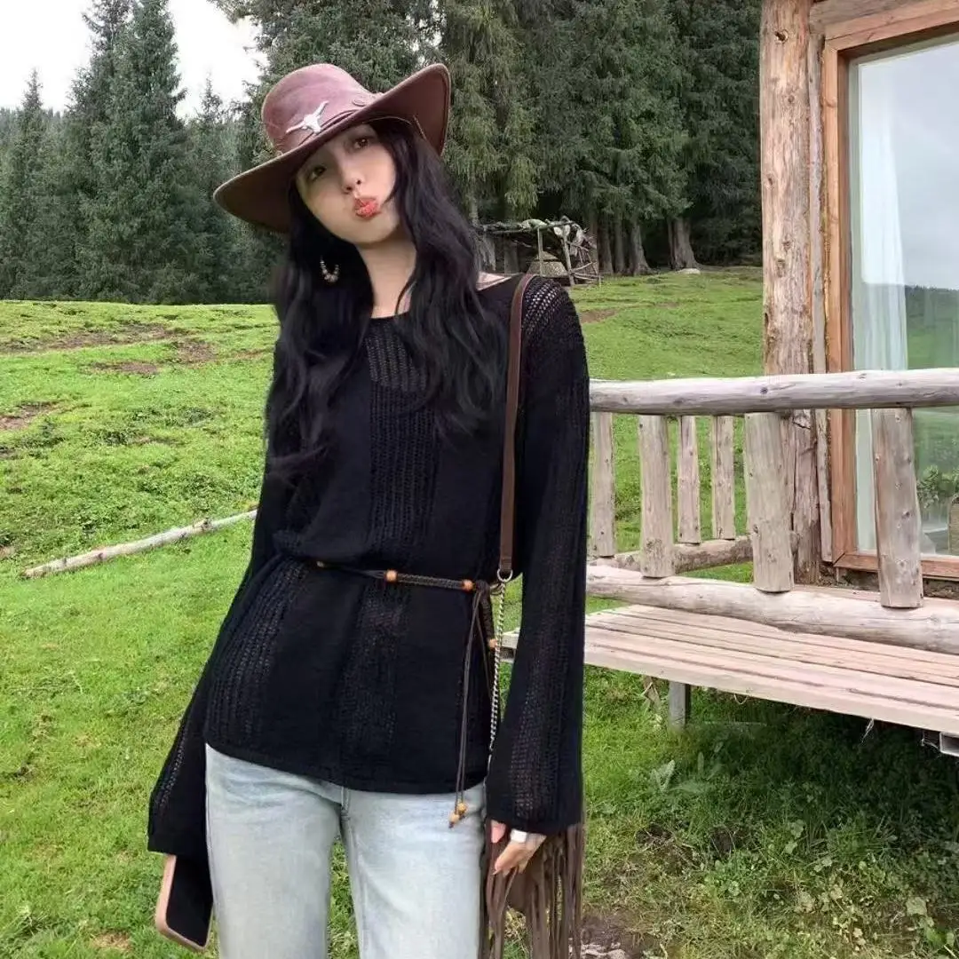 

Новый свободный крой вязаный крючком топ женский дизайн ленивый стиль солнцезащитный пуловер с длинным рукавом мягкая дышащая повседневная блузка