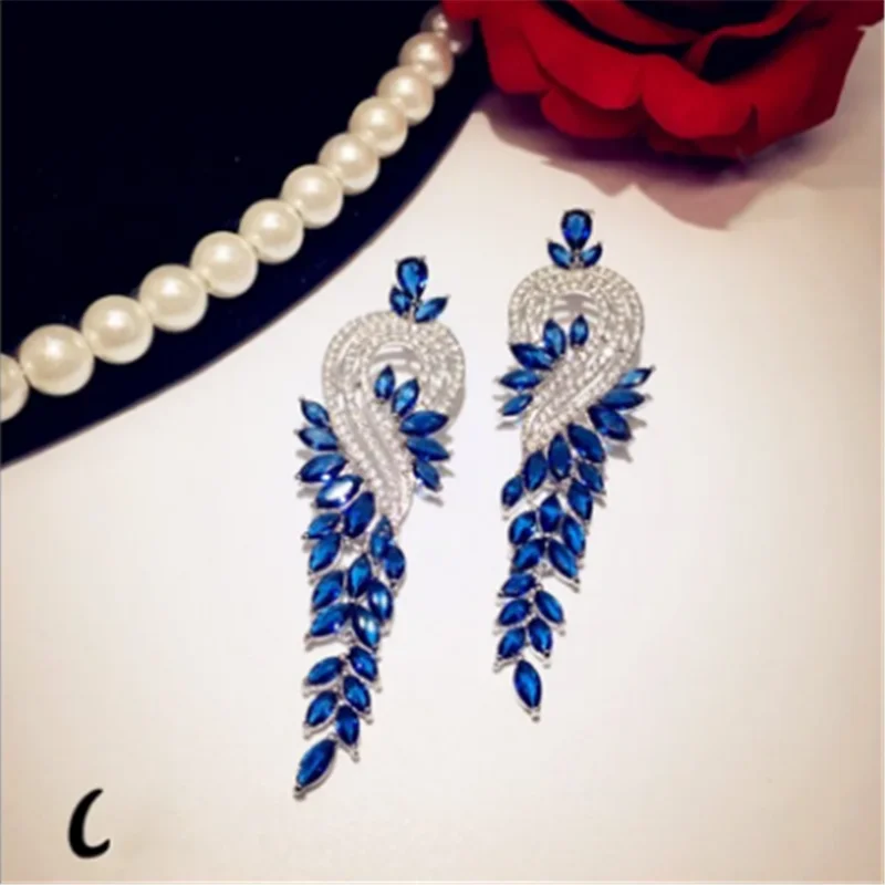 Solid 925 Drop Earrings For Women Fine Jewelry Vintage Blue Cubic Zirconia Long Earrings Bijoux Top Quality Accessories