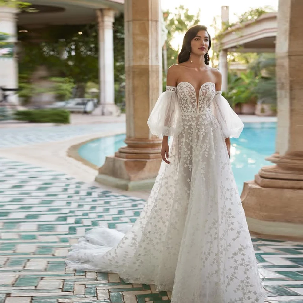 ชุดแต่งงานทรงเอไลน์ที่สง่างามสำหรับผู้หญิง ชุดเจ้าสาวลูกไม้ประดับลายโรแมนติก ชุดแต่งงานลูกไม้แขนยาวที่มีเสน่ห์ ชุดเจ้าสาวสำหรับงานแต่งงาน