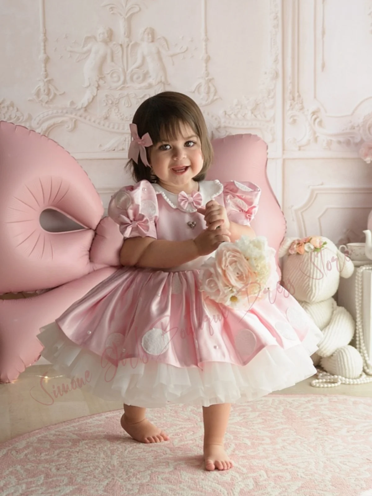 Lovely Pink Satin Lovely Flower Girl Dresses for Wedding with Bow Knee Length Lace Girl First Communion Kids Birthday Party