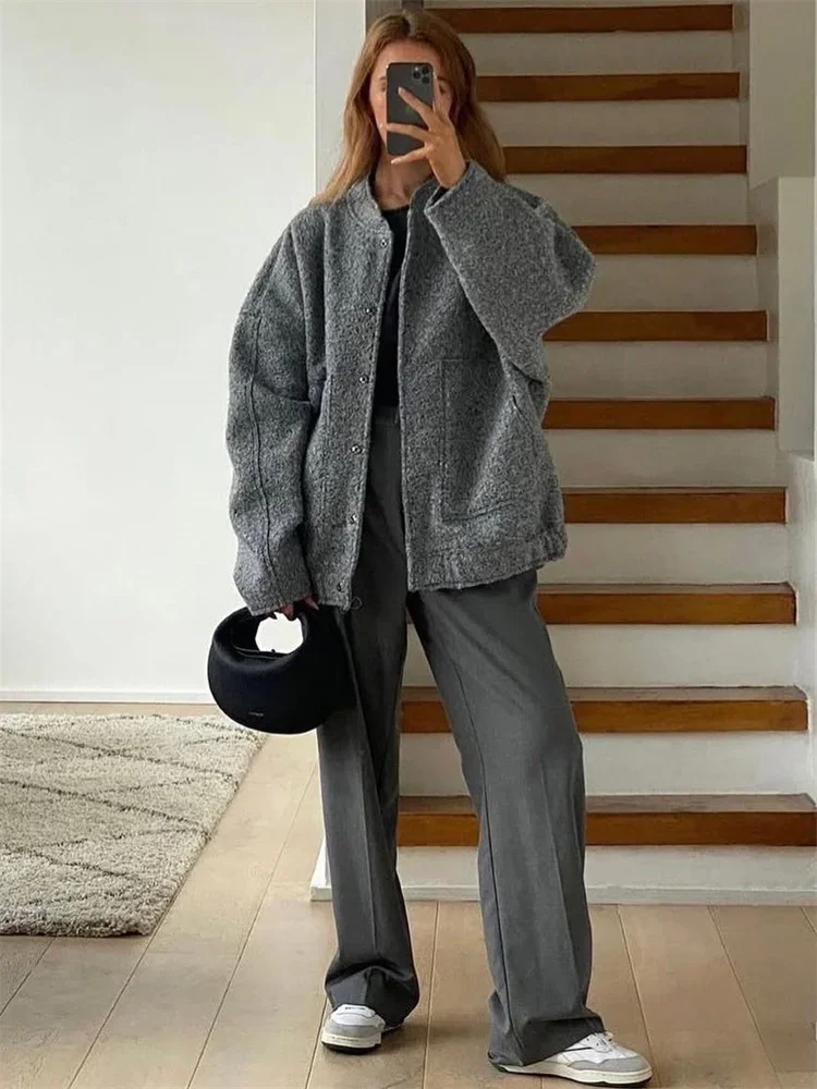 

Autumn Loose Casual Jackets Outwear Female Pocket Solid Long Sleeve Patchwork Commute Coat High Street For Women Jackets